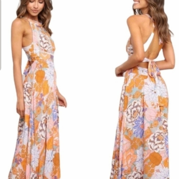 Abel the Label Red Pink Halter Open Back Tie Abstract Leaf Print Maxi Dress sz M - Picture 12 of 12